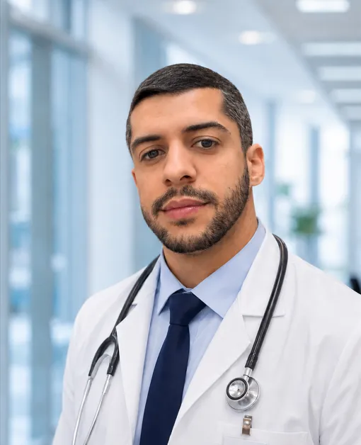 Dr. André Cláudio, pediatra, de jaleco e estetoscópio